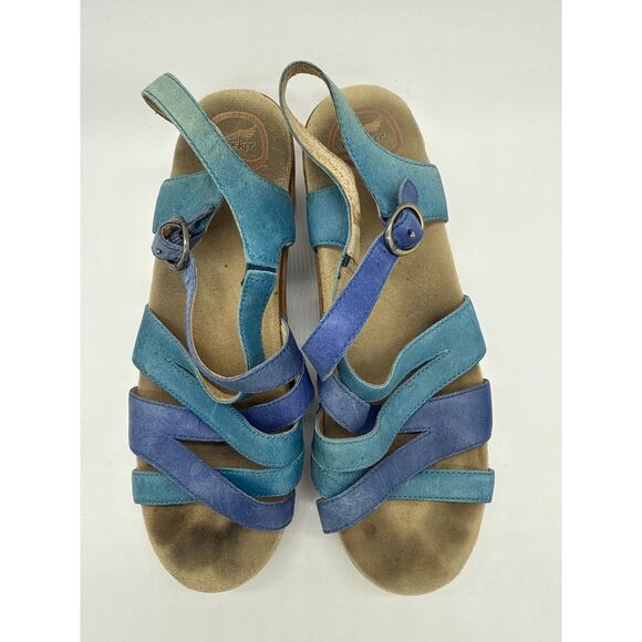 Dansko Stevie Platform Wedge Buckle Adjustable Strap Blue Leather Sandal Size 41 - Picture 2 of 6